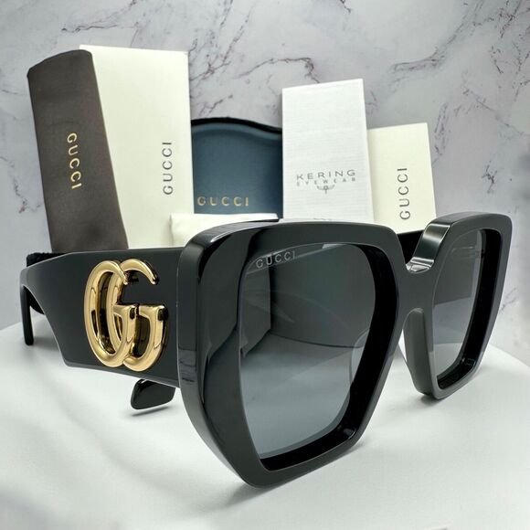 New GUCCI Sunglasses Black Gold Square Interlocking GG Metal Logo Oversized - Picture 1 of 16